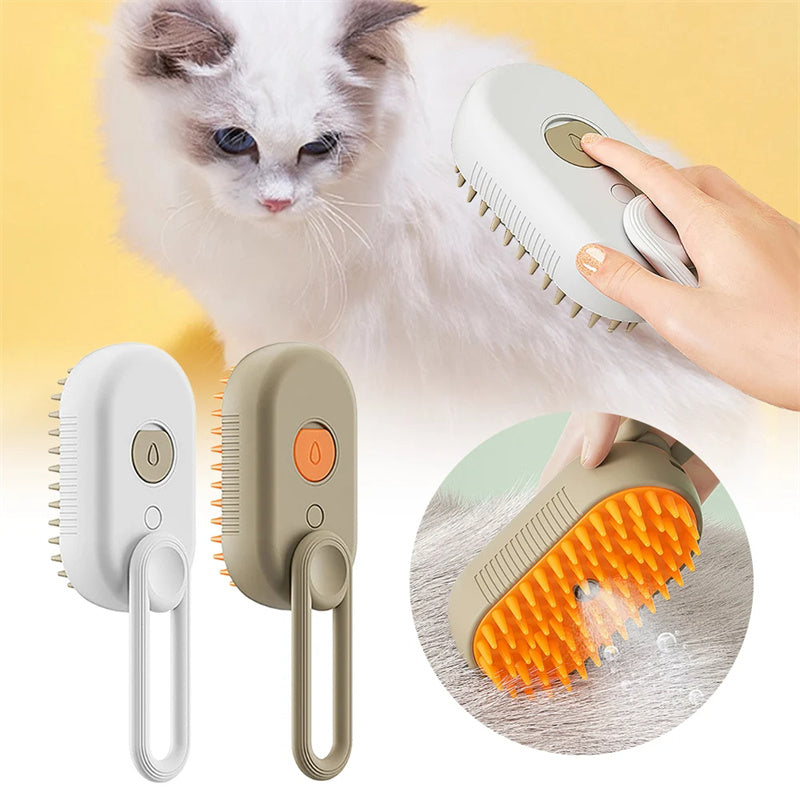 White grooming brush beside a cat, with bristle detail