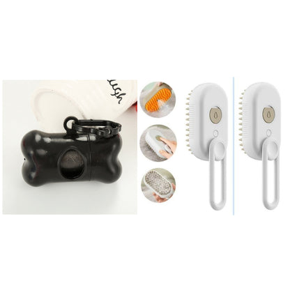 White grooming brush pictured beside a black accessory
